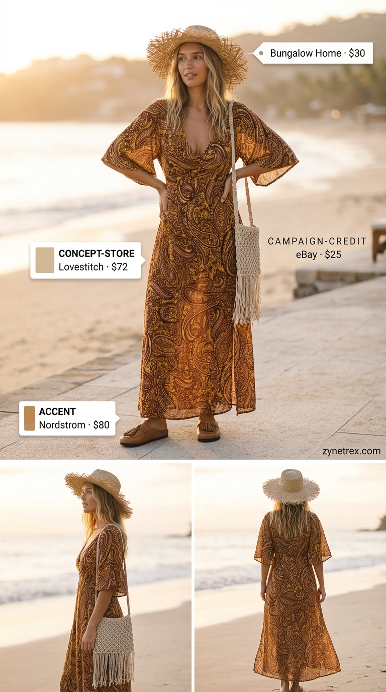 Bohemian Tropical Summer Maxi Dress 2026 Mustard yellow paisley flowy maxi dress, suede mules, straw hat for tropical summer outfits 2026.