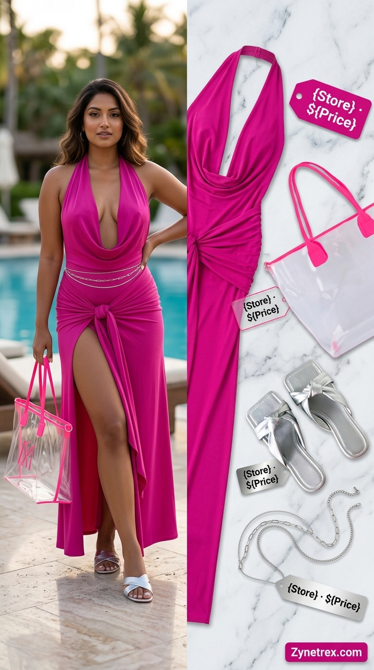 Pool Party Flowy Maxi Dress 2026 Fuchsia cowl neck slip flowy maxi dress for glamorous poolside parties 2026.
