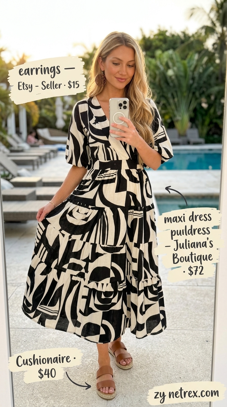 Tropical Summer Flowy Maxi Dresses 2026: Poolside Party Style Black and white geometric tropical maxi dress for a poolside gathering. Style with straw bag and sandals.
