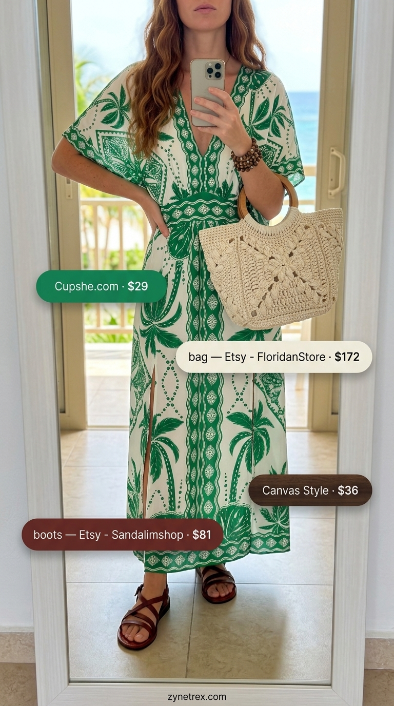Tropical Summer Flowy Maxi Dresses 2026: Rainforest Retreat Style Olive green abstract jungle print maxi dress for a rainforest retreat. Style with leather sandals and raffia bag.