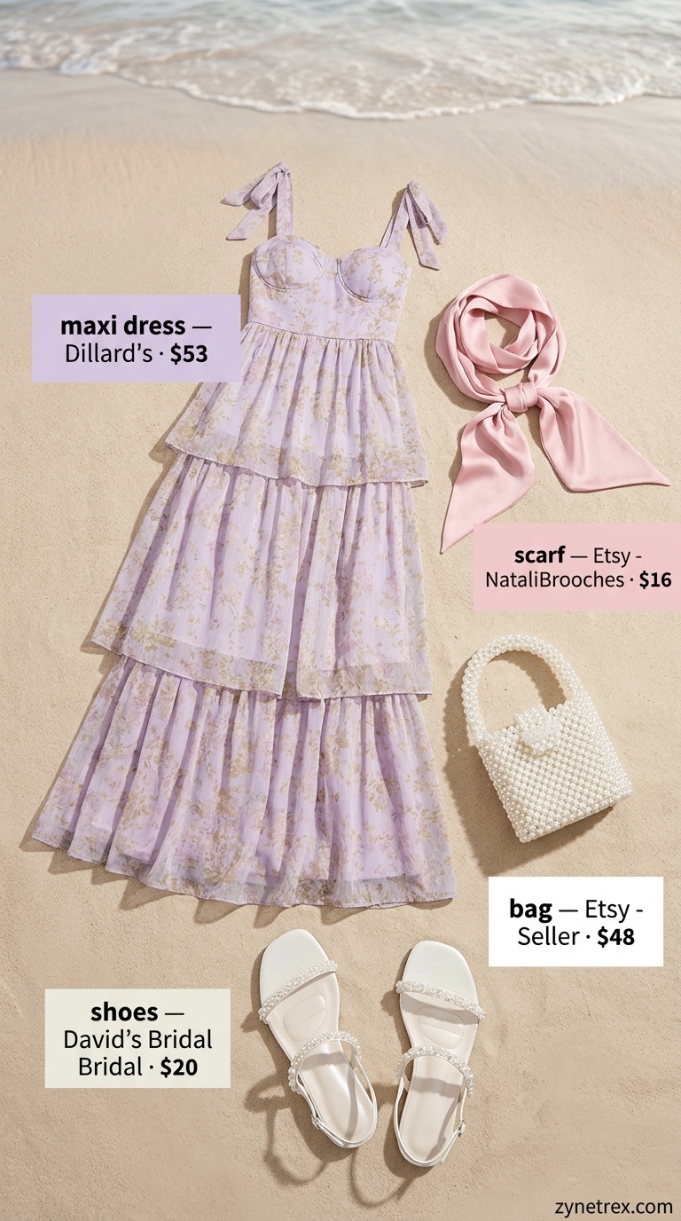 Tropical Summer Flowy Maxi Dresses 2026: Romantic Lavender Dream Lavender floral print maxi dress for a romantic beach picnic. Style with pearl sandals and beaded mini bag.
