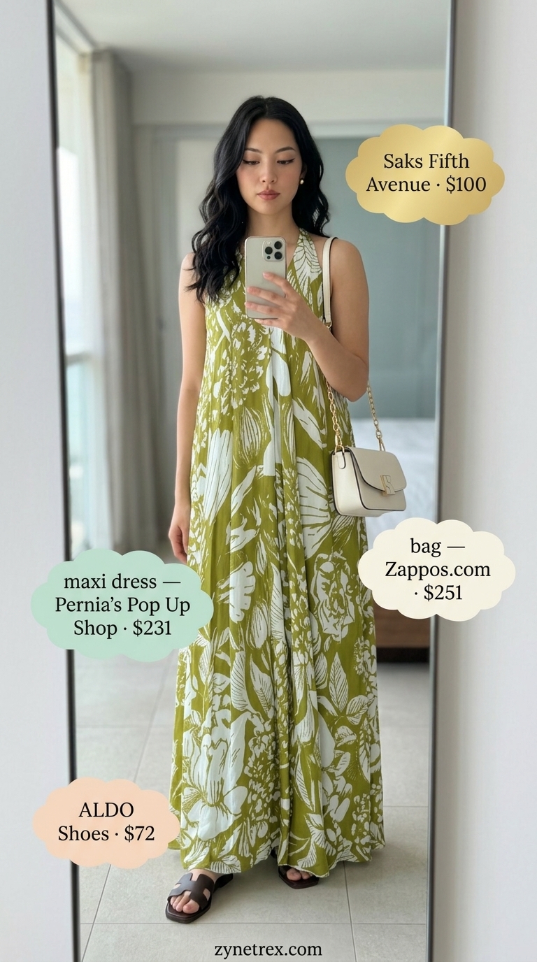 Seaside Escape Flowy Maxi Dress 2026 Sage green banana leaf print open-back flowy maxi dress for secluded cove escape 2026.