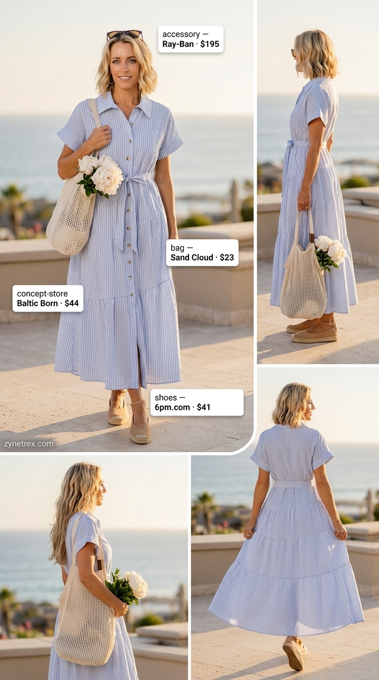 Seaside Lunch Flowy Maxi Dress 2026 Sky blue and white striped linen button-front flowy maxi shirt dress for seaside lunch 2026.
