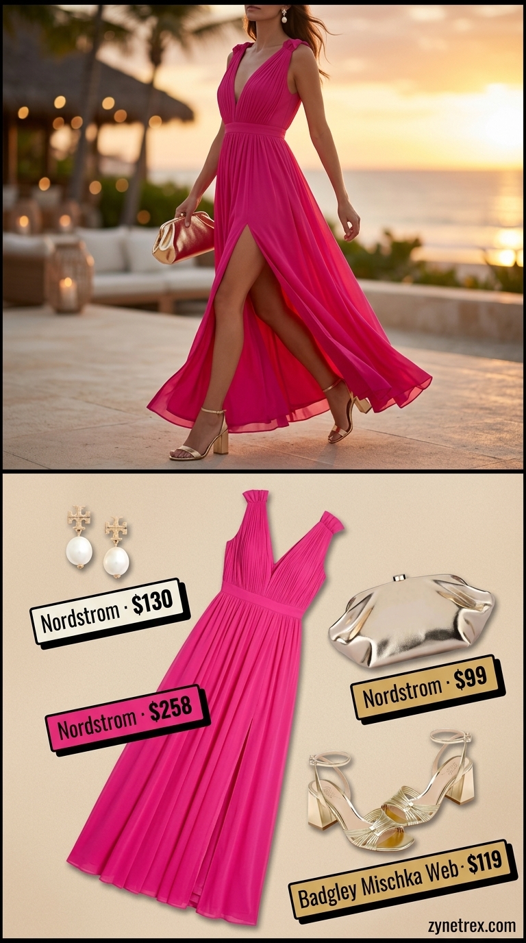 Tropical Summer Flowy Maxi Dresses 2026: Sunset Cruise Elegance Fuchsia pink flowy maxi dress for a sunset cruise. Style with gold block heels and metallic clutch.