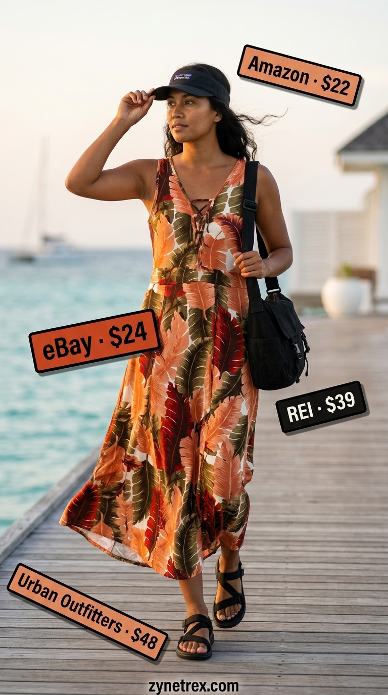 Tropical Summer Flowy Maxi Dresses 2026: Tropical Adventure Day Olive green rust orange palm leaf maxi dress for tropical adventure. Style with flat sandals and canvas bag.