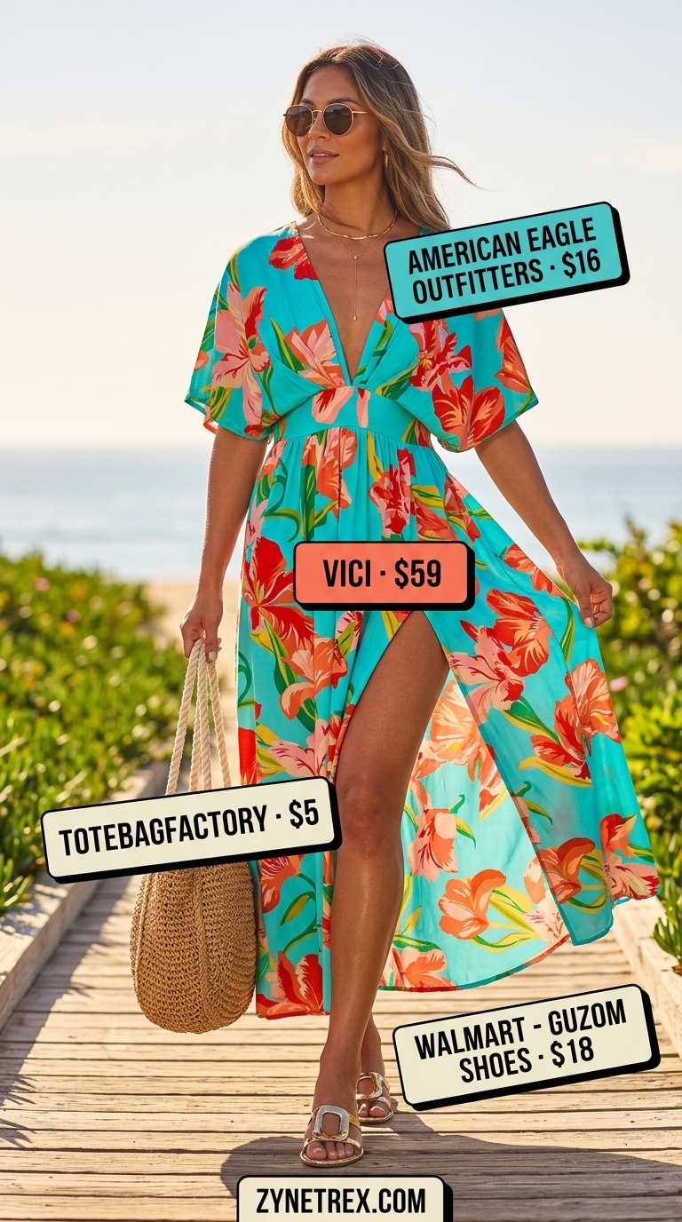 Relaxed Tropical Summer Maxi Dress 2026 Turquoise caftan maxi dress, metallic slides, large canvas bag for tropical summer outfits 2026.