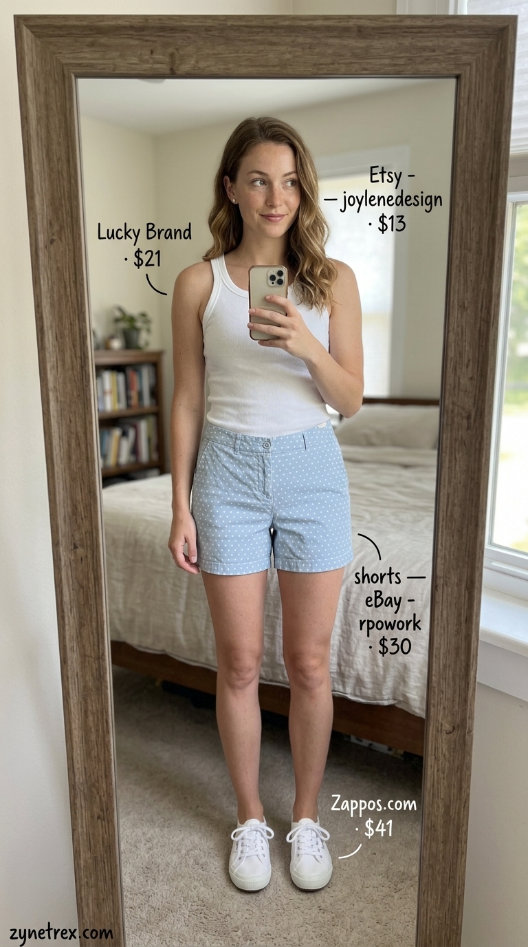 Vintage Summer Polka Dots Outfits 2026: Casual Shorts Sporty sky blue Bermuda shorts with white polka dots, ribbed tank, and canvas sneakers for vintage summer outfits 2026.