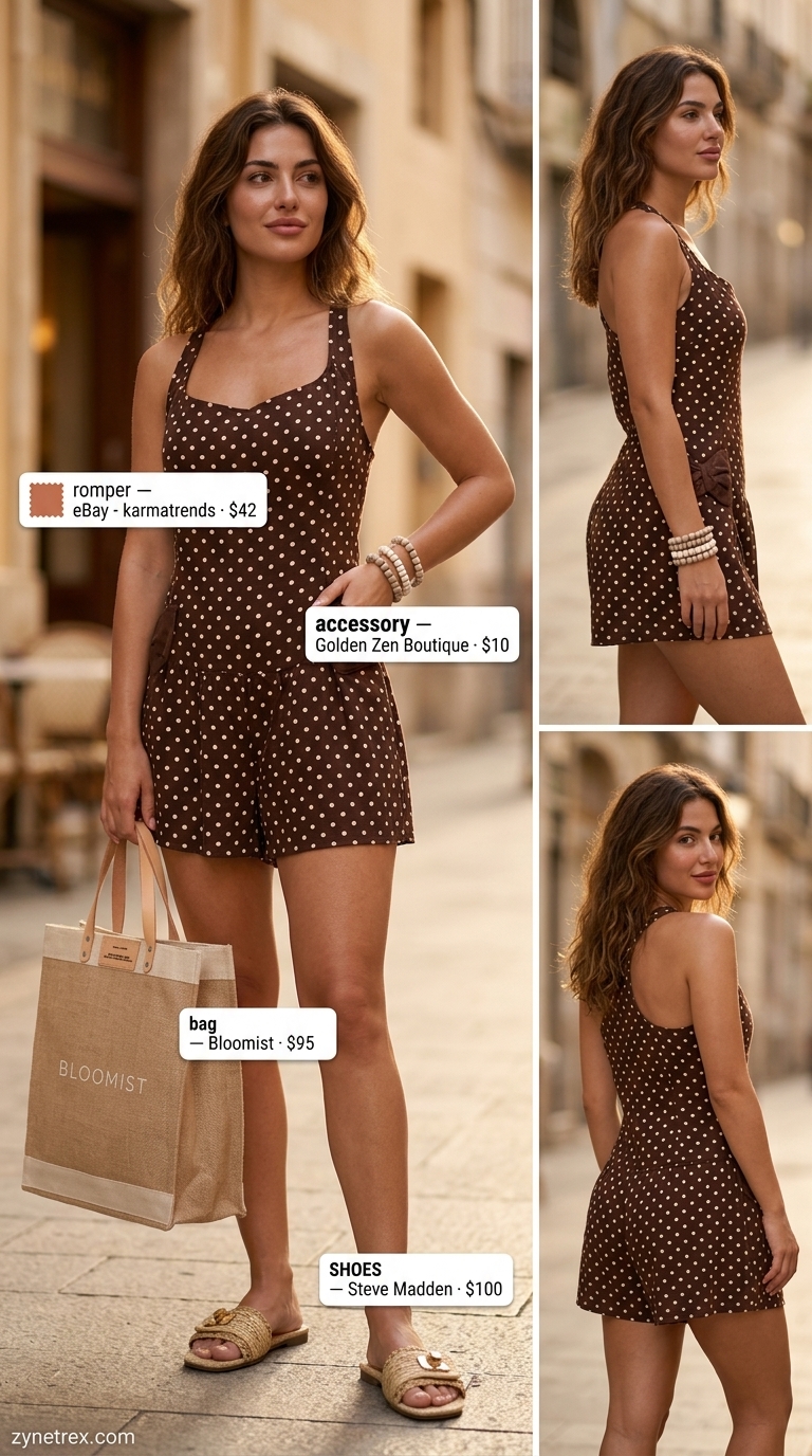 Vintage Summer Polka Dots Outfits 2026: Beach Romper Style Bohemian terracotta linen romper with cream polka dots, raffia slides, and a jute tote for vintage summer outfits 2026.