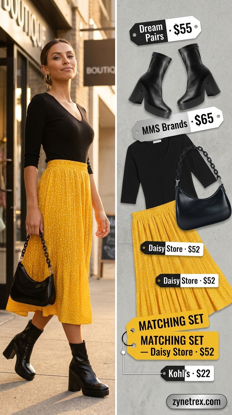 Trendy butter yellow crop top and mini skirt set with black polka dots for vintage summer outfits 2026.