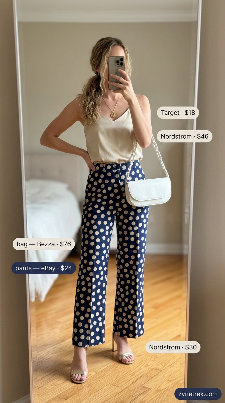 Vintage Summer Polka Dots Outfits 2026: Seaside Pants Elegant navy wide-leg linen pants with cream polka dots, silk camisole, and gold sandals for vintage summer outfits 2026.