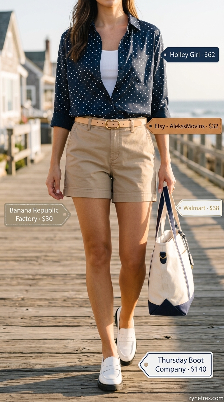 Vintage Summer Polka Dots Outfits 2026: Nautical Top Nautical navy shirt with white polka dots, khaki shorts, and loafers for vintage summer outfits 2026.