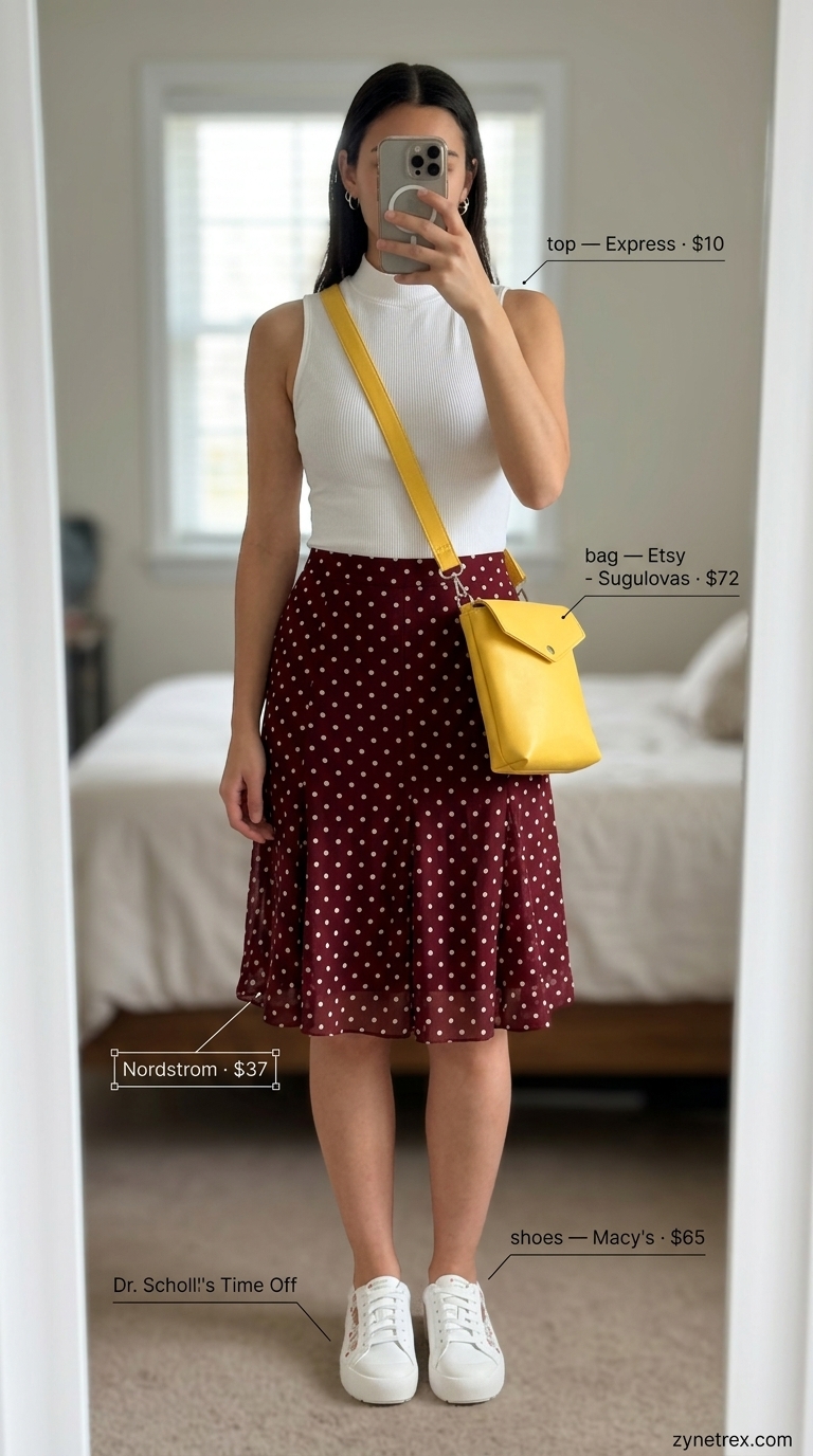 Vintage Summer Polka Dots Outfits 2026: Festival Skirt Playful red mini skirt with white polka dots, white mock-neck top, and platform sneakers for vintage summer outfits 2026.