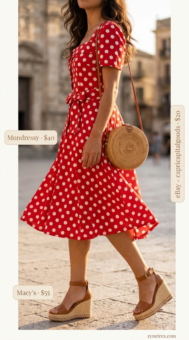 Vintage Summer Polka Dots Outfits 2026: Riviera Chic Dress Chic red A-line midi dress with white polka dots, cat-eye sunglasses, and espadrille wedges for vintage summer outfits 2026.