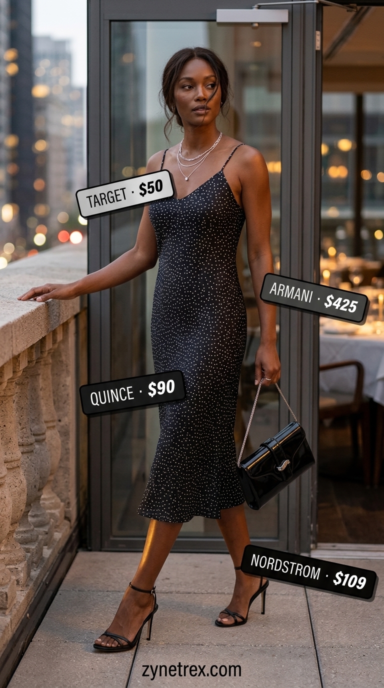 Elegant Polka Dot Maxi Dress for Evening 2026 Vintage summer polka dots outfits for women 2026: Black polka dot maxi slip dress, silver heels, shoulder bag for evening.