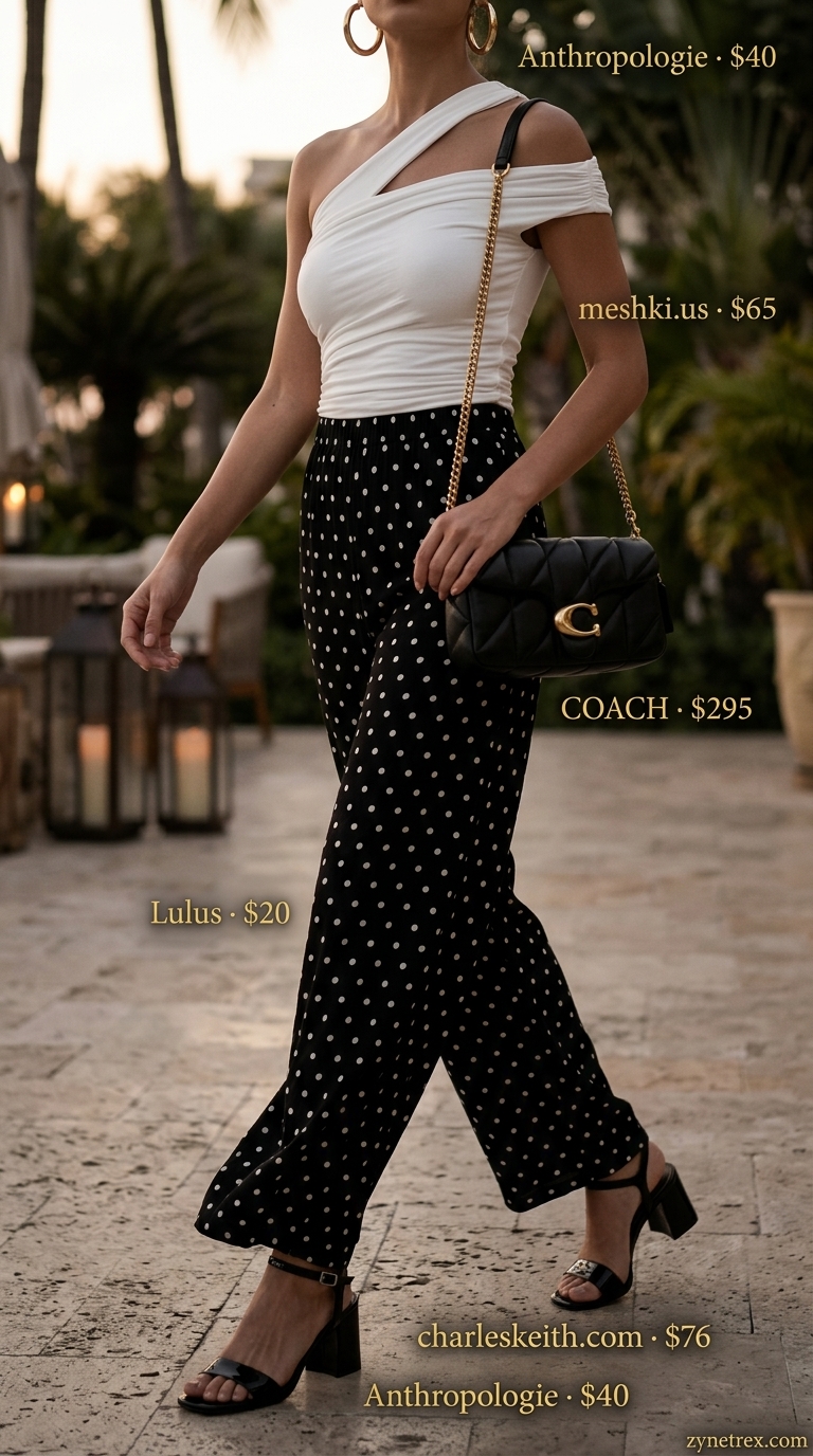 Polka Dot Trousers Outfits 2026 Vintage summer polka dots outfits for women 2026: Black wide-leg trousers with white polka dots, one-shoulder top for resort wear.