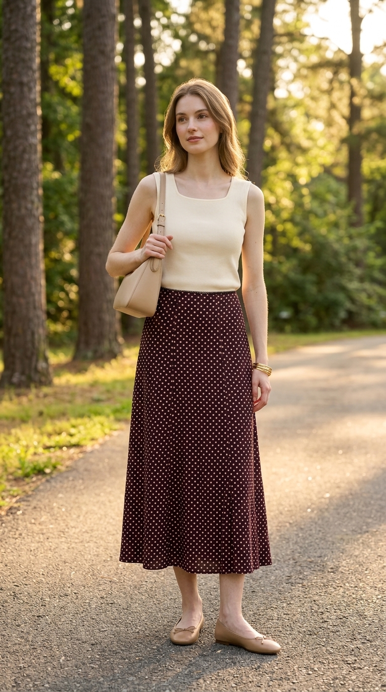 Sophisticated Polka Dot Midi Skirt 2026 Vintage summer polka dots outfits for women 2026: Brown polka dot midi skirt, cream tank, ballet flats for cafe visit.