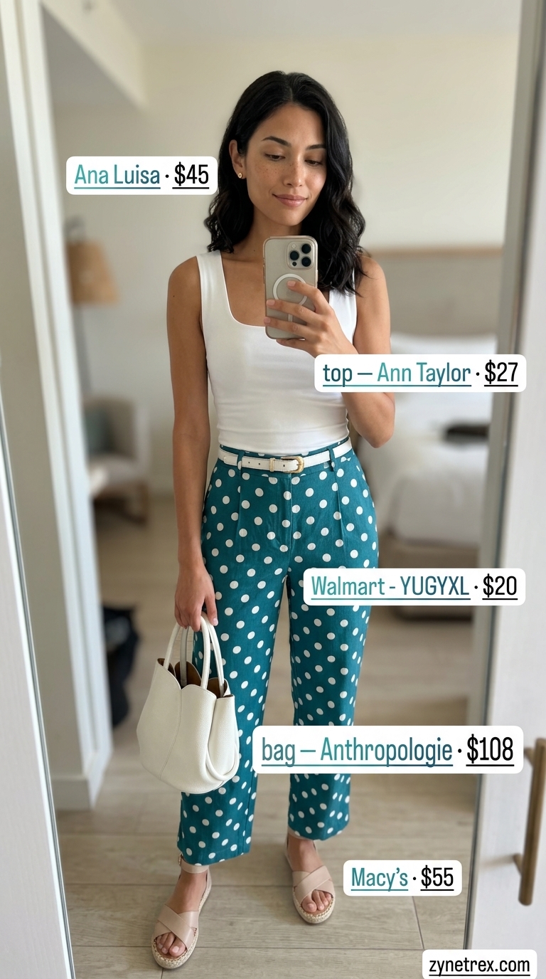 Capri Polka Dot Pants Outfits 2026 Vintage summer polka dots outfits for women 2026: Light blue capri pants with white polka dots, white knit top for vacation style.
