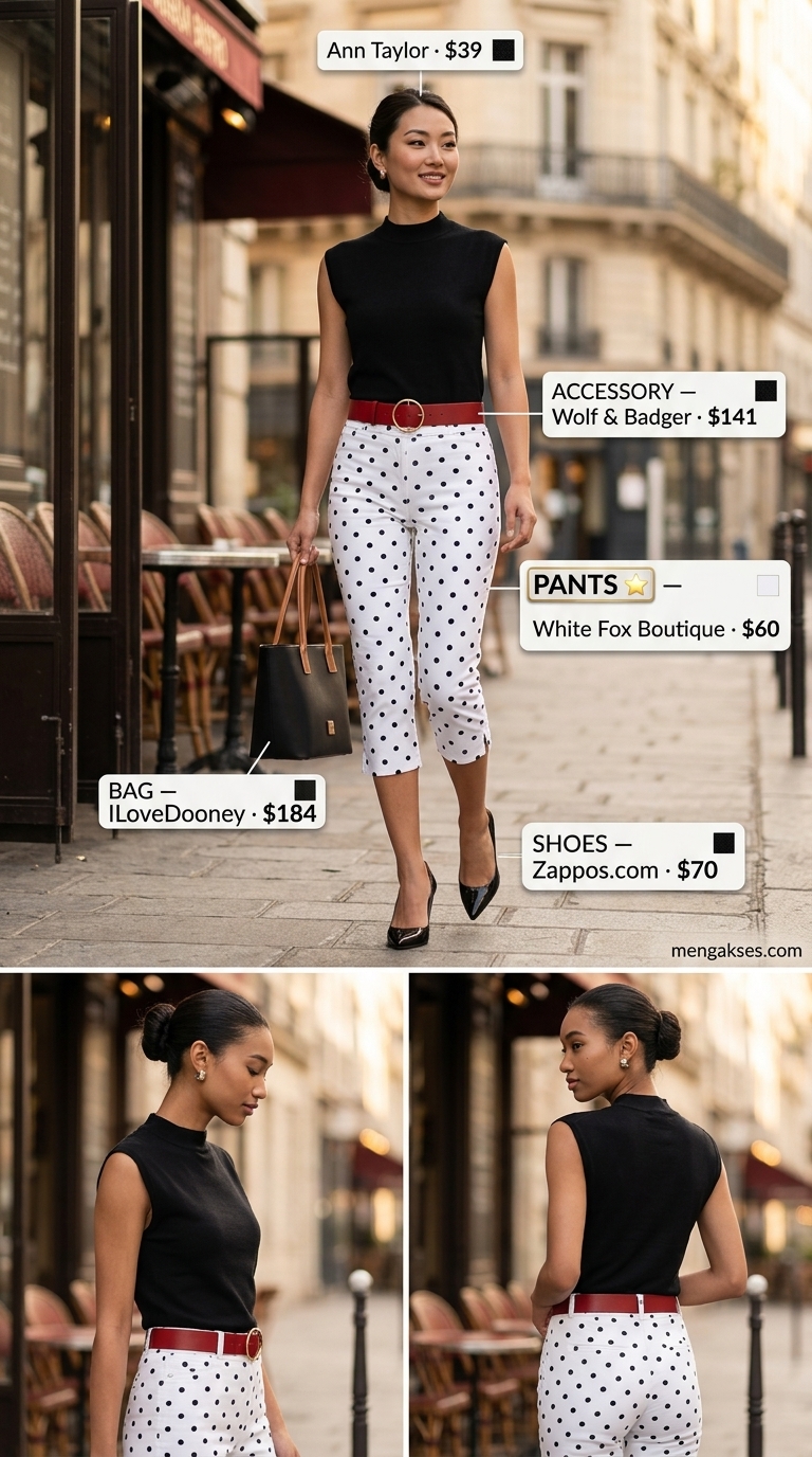 Vintage Polka Dot Office Outfits 2026 Vintage summer polka dots outfits for women 2026: Cream polka dot pants, black top, red belt for office or dinner.