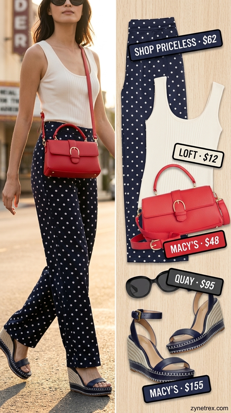 Glamorous Polka Dot Palazzo Pants 2026 Vintage summer polka dots outfits for women 2026: Navy wide-leg polka dot pants, white top, red bag for resort dinner.
