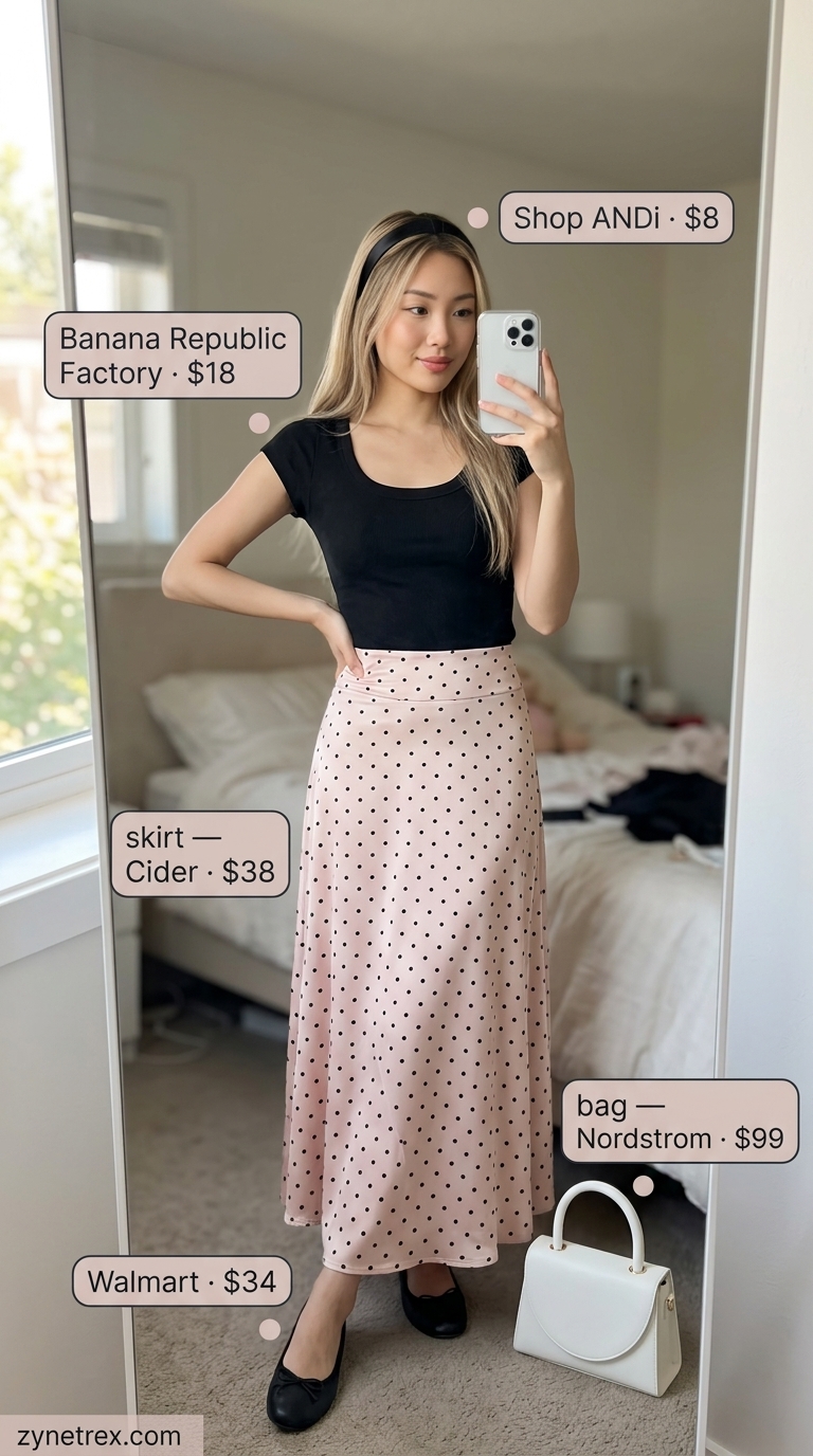 Retro Polka Dot Skirt Outfits 2026 Vintage summer polka dots outfits for women 2026: Light pink midi skirt with black polka dots, black knit top for retro date.