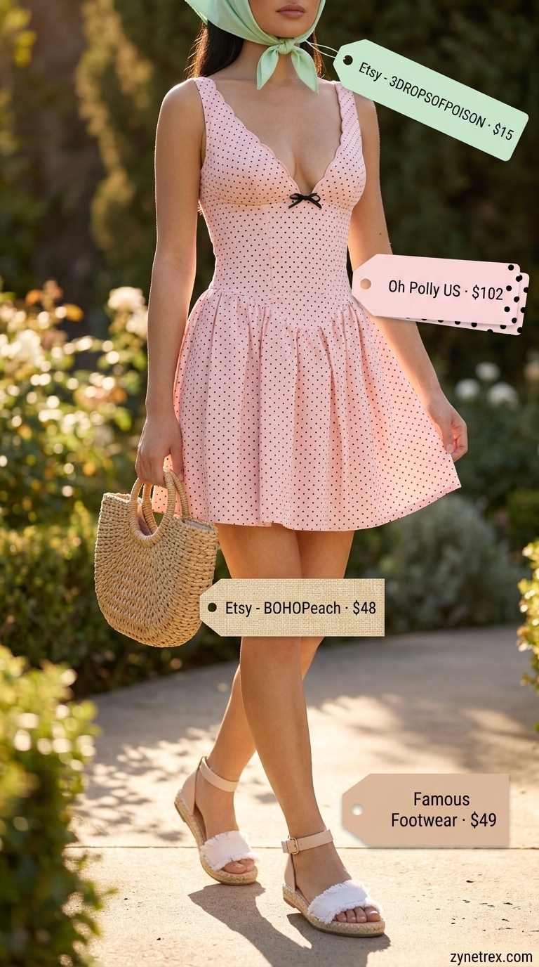 Sweet Polka Dot Sundress for Garden Party 2026 Vintage summer polka dots outfits for women 2026: Pastel pink polka dot mini dress, straw basket bag, espadrilles for garden party.