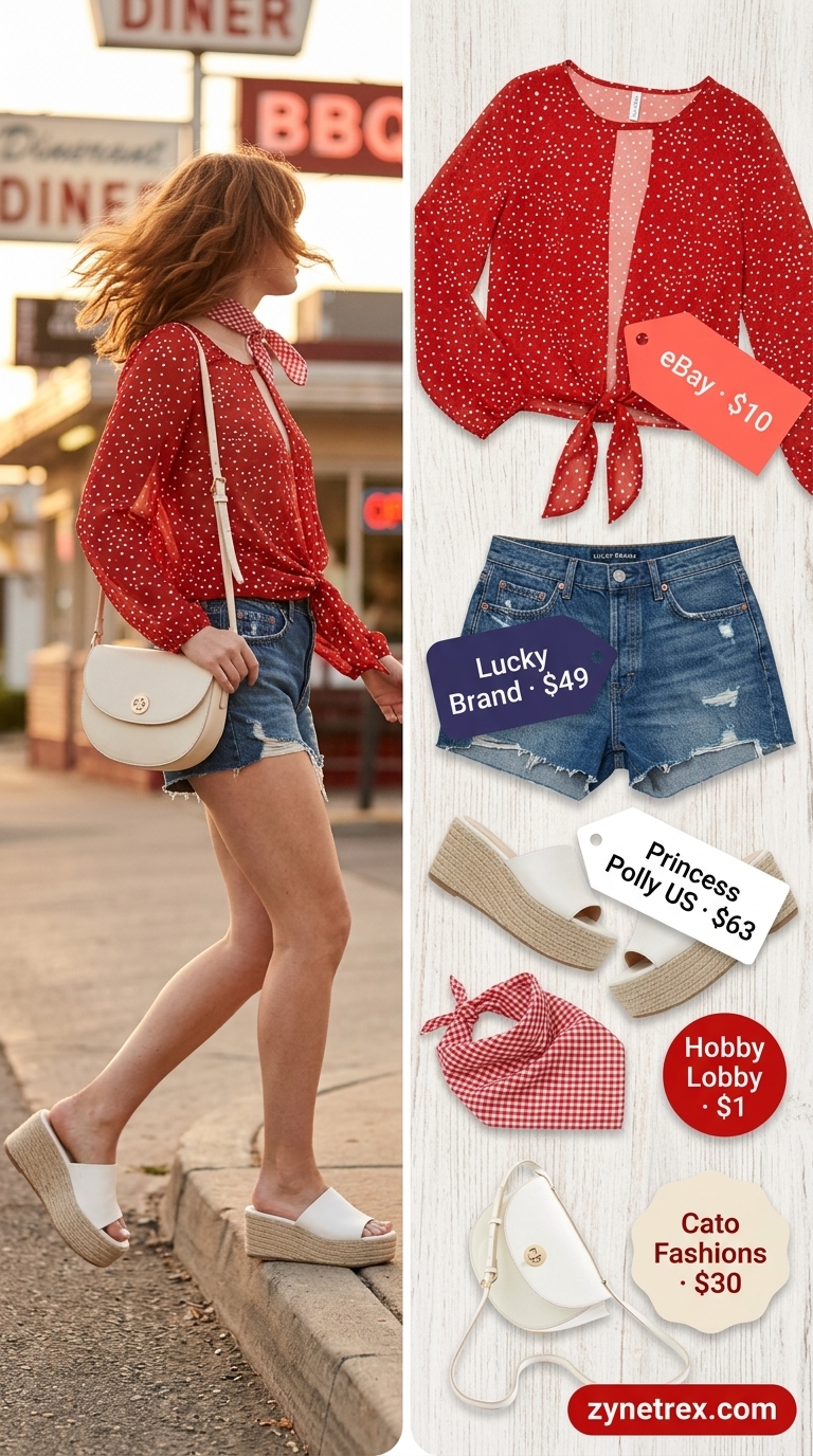 Retro Polka Dot Blouse Outfits 2026 Vintage summer polka dots outfits for women 2026: Red polka dot cropped blouse, denim shorts, bandana for retro casual look.