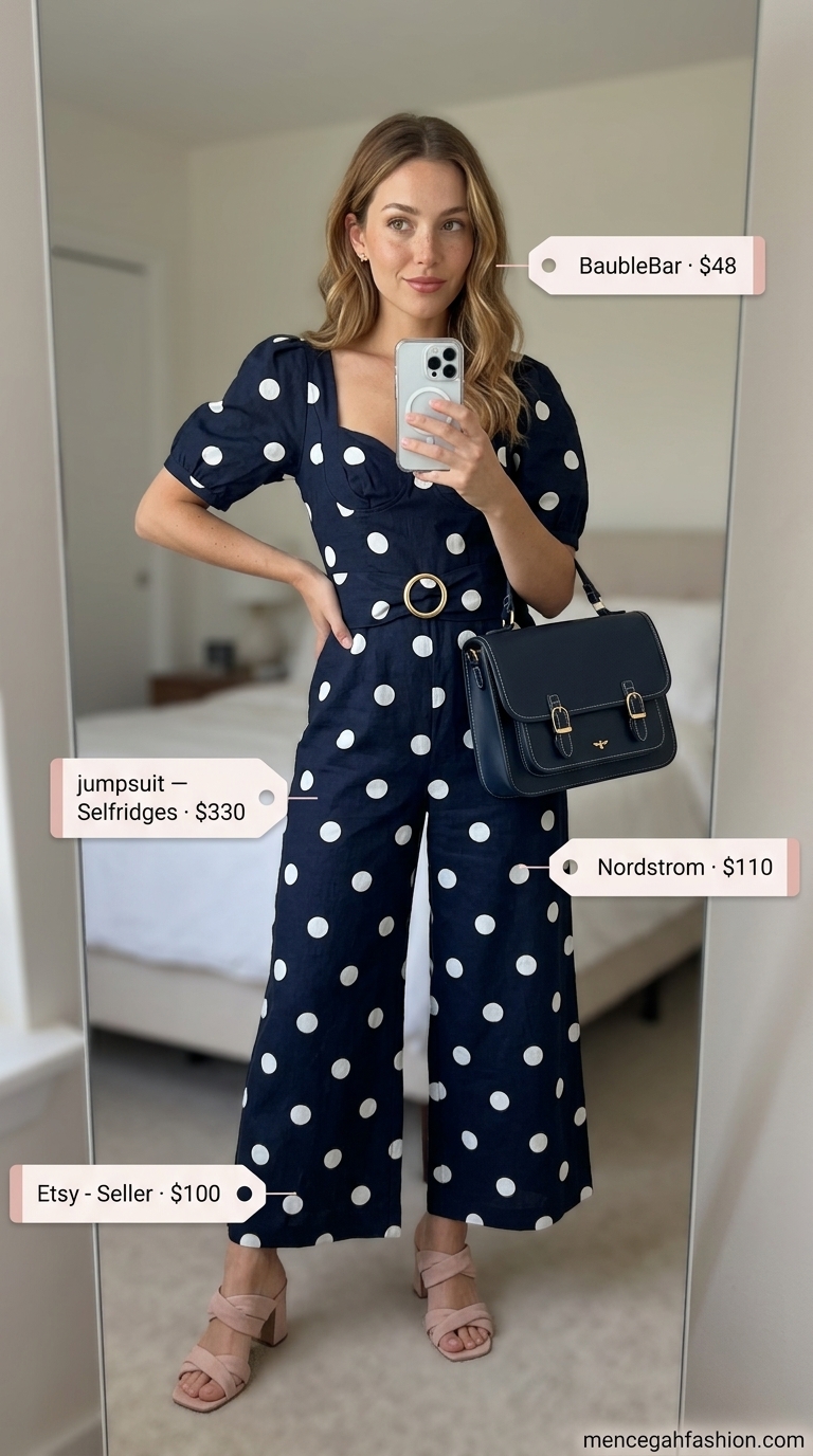 Preppy Polka Dot Romper for Garden Party 2026 Vintage summer polka dots outfits for women 2026: White polka dot romper, blush mules, navy bag for garden party.