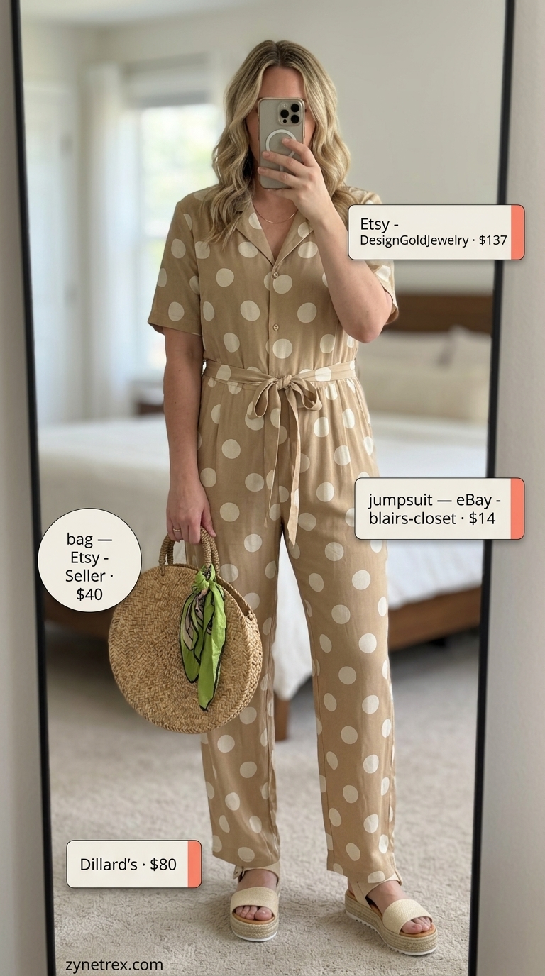 Boho Polka Dot Jumpsuit Outfits 2026 Vintage summer polka dots outfits for women 2026: Sage green wide-leg jumpsuit with cream polka dots, espadrille sandals for casual dinner.