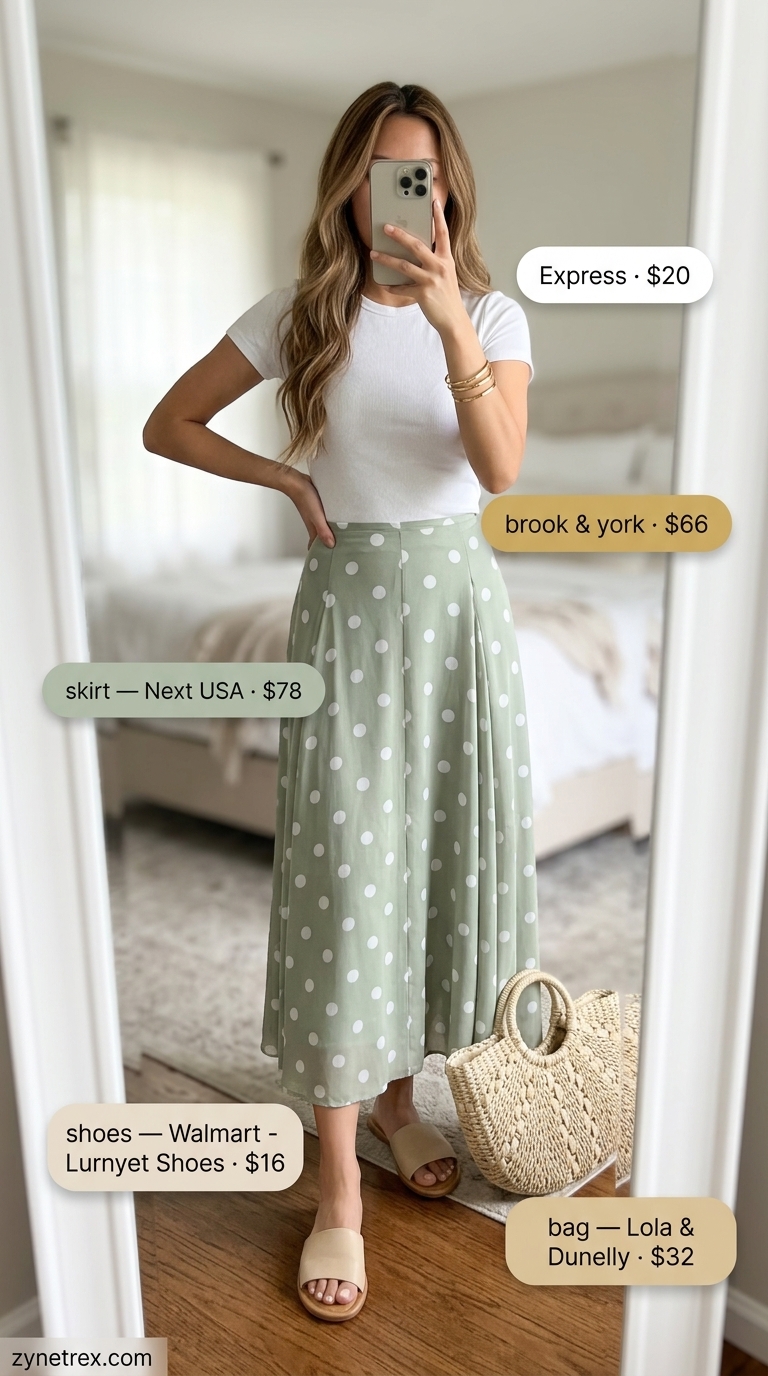 Polka Dot Midi Skirt Outfits 2026 Vintage summer polka dots outfits for women 2026: Sage green midi skirt with white polka dots, white t-shirt for picnic.