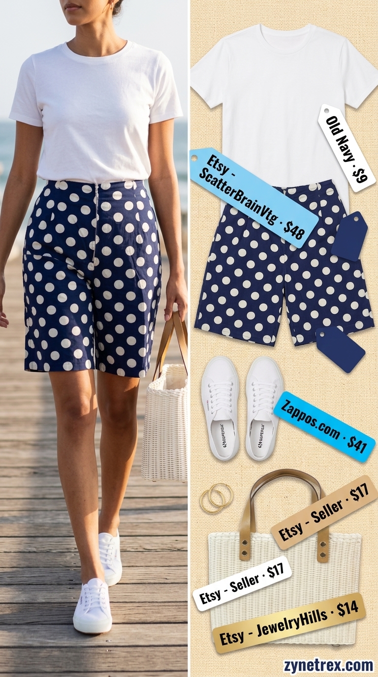 Casual Polka Dot Shorts for Beach Day 2026 Vintage summer polka dots outfits for women 2026: Sky blue polka dot shorts, white tee, sneakers for beach day.