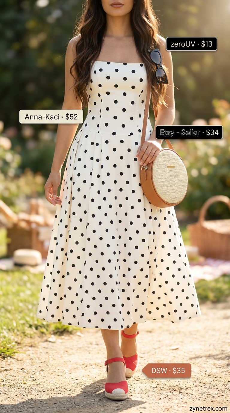 Polka Dot Sundress Outfits 2026 Vintage summer polka dots outfits for women 2026: White polka dot midi sundress, black cat-eye sunglasses for garden party.