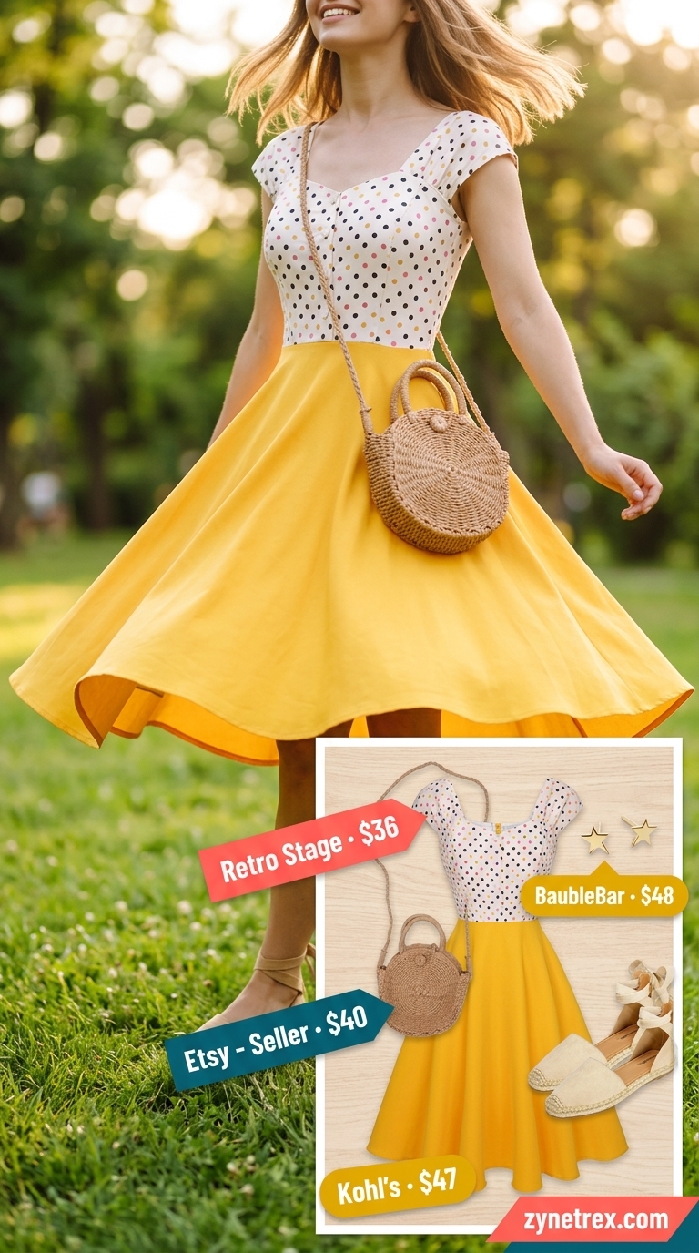Sunny Polka Dot Picnic Dress 2026 Vintage summer polka dots outfits for women 2026: Yellow polka dot midi dress, straw bag, espadrilles for a picnic.
