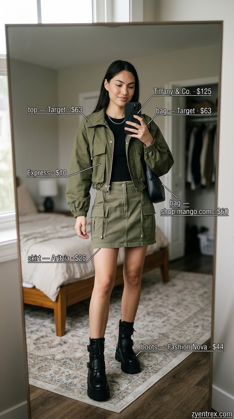 Y2K Mini Skirt Summer Outfits 2026: Cargo Chic Ensemble Y2K mini skirt summer outfits 2026: Olive cargo skirt, fitted tank, and cropped jacket for a chic look.