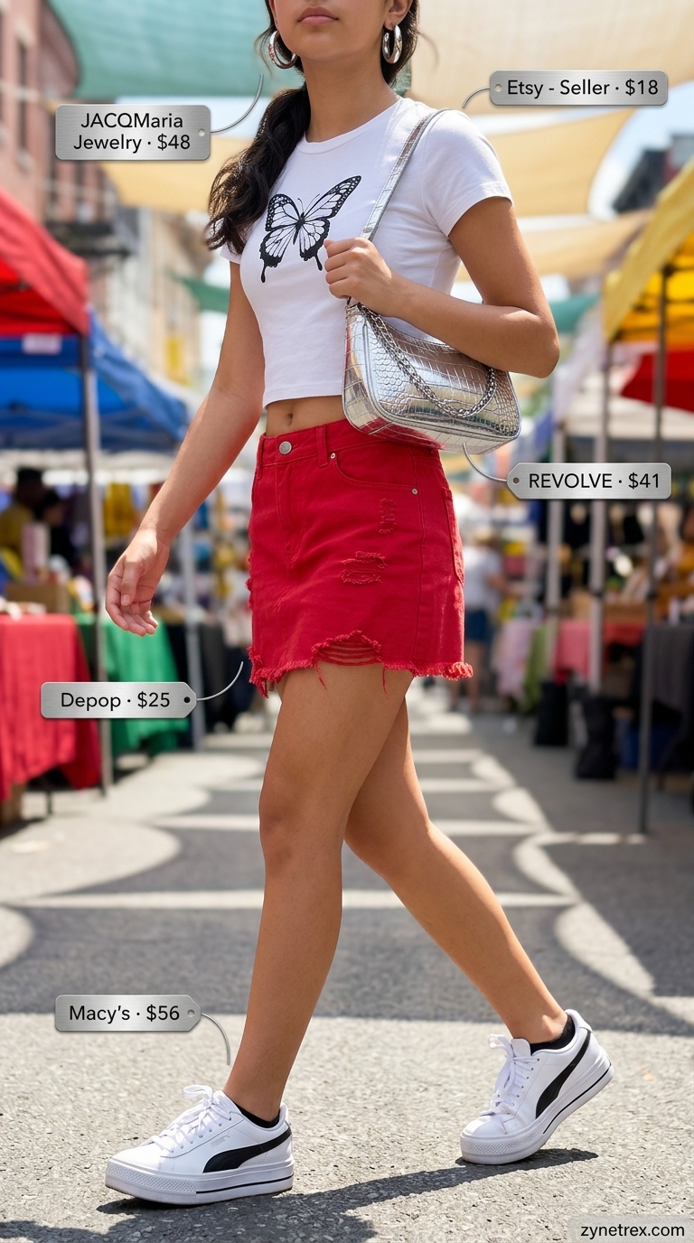Y2K Mini Skirt Summer Outfits 2026: Street Style Y2K mini skirt summer outfits 2026: Red denim mini skirt, white graphic tee, silver bag & chunky sneakers for a playful street style look.