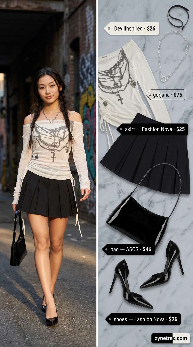 Y2K Mini Skirt Summer Outfits 2026: Cyber Chic Y2K mini skirt summer outfits 2026: Black faux leather mini skirt, graphic mesh top, platform boots & chain choker for a cyber chic look.