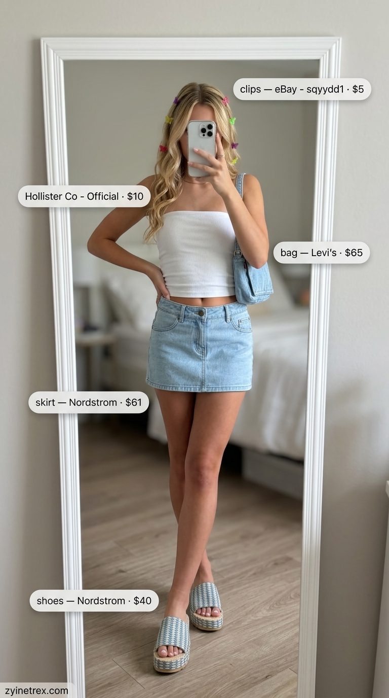 Y2K Mini Skirt Summer Outfits 2026: Denim Darling Y2K mini skirt summer outfits 2026: Light wash denim mini skirt, white tube top, butterfly clips & platform sandals for a retro beach vibe.