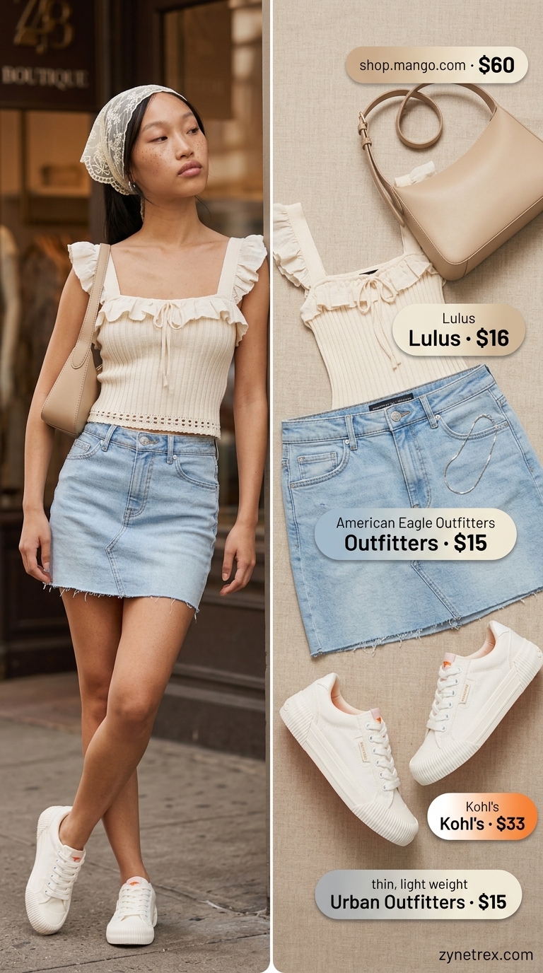 Y2K Mini Skirt Summer Outfits 2026: Denim Date Style Y2K mini skirt summer outfits 2026: Light wash denim skirt, satin cami, and canvas sneakers for a casual date.