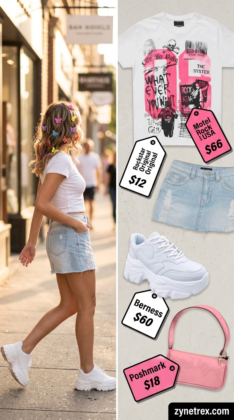 Y2K Mini Skirt Summer Outfits 2026: Club Kid Cool Y2K mini skirt summer outfits 2026: Distressed denim mini skirt, graphic baby tee, platform sneakers, and hot pink bag.
