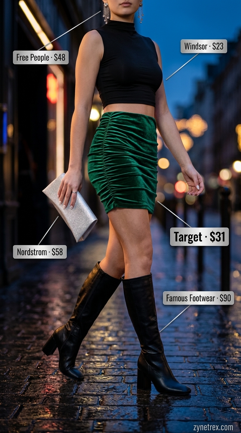 Y2K Mini Skirt Summer Outfits 2026: Velvet Vixen Y2K mini skirt summer outfits 2026: Emerald green velvet skirt, black mock neck crop top, faux leather boots, and statement earrings.