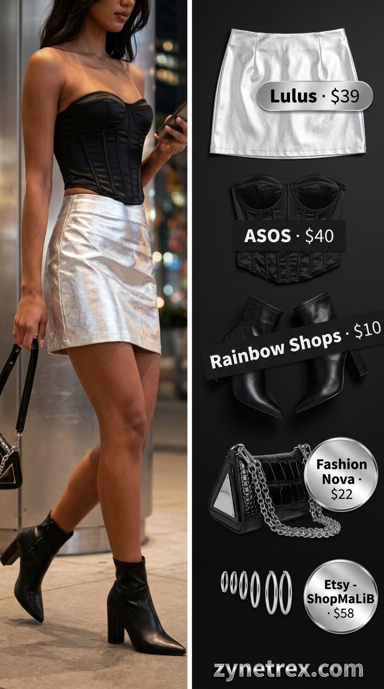 Y2K mini skirt summer outfits 2026: Silver metallic skirt with a black corset top for a glamorous night out.