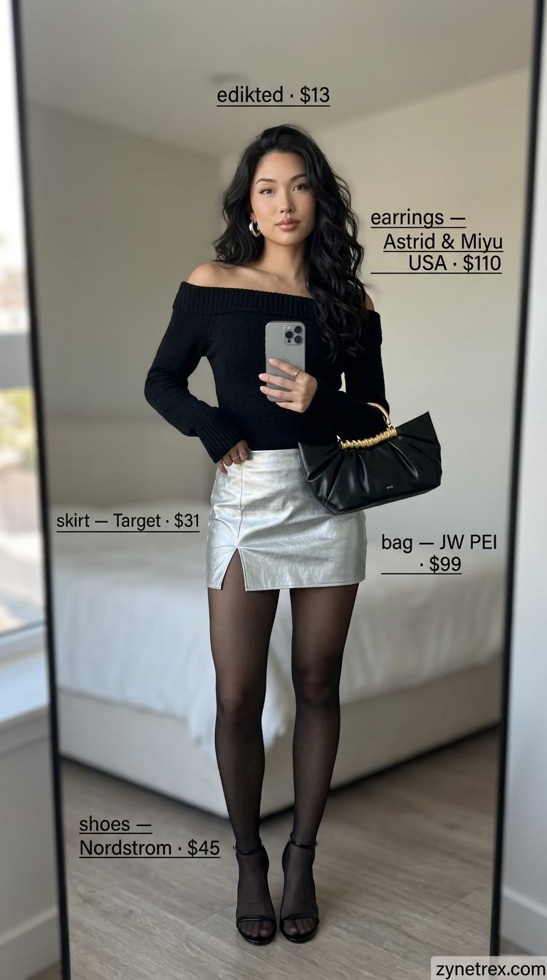 Y2K Mini Skirt Summer Outfits 2026: Metallic Edge Night Out Y2K mini skirt summer outfits 2026: Silver metallic skirt with off-the-shoulder top and heeled sandals.