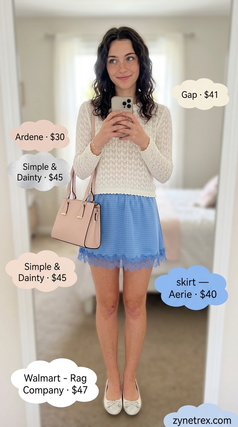 Y2K Mini Skirt Summer Outfits 2026: Sweet Pastel Style Y2K mini skirt summer outfits 2026: Pastel blue satin slip skirt, cream knit sweater, and embellished ballet flats for a sweet look.