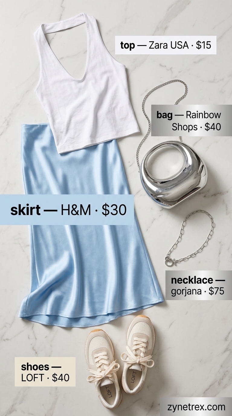 Y2K Mini Skirt Summer Outfits 2026: Pastel Dream Y2K mini skirt summer outfits 2026: Baby blue satin mini skirt, white crop top, ballet flats & silver pouch bag for a sweet, dreamy look.