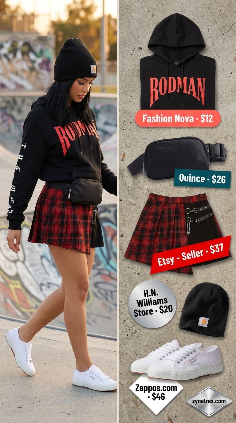 Y2K Mini Skirt Summer Outfits 2026: Skater Girl Look Y2K mini skirt summer outfits 2026: Red plaid pleated mini skirt, oversized graphic hoodie, and beanie for a skater vibe.