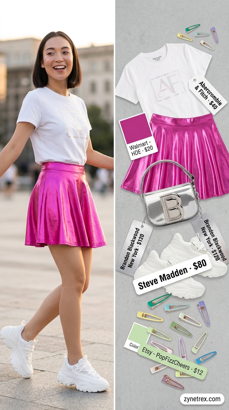 Y2K Mini Skirt Summer Outfits 2026: Pop Star Concert Style Y2K mini skirt summer outfits 2026: Hot pink metallic skirt, graphic tee, and platform sneakers for a concert.