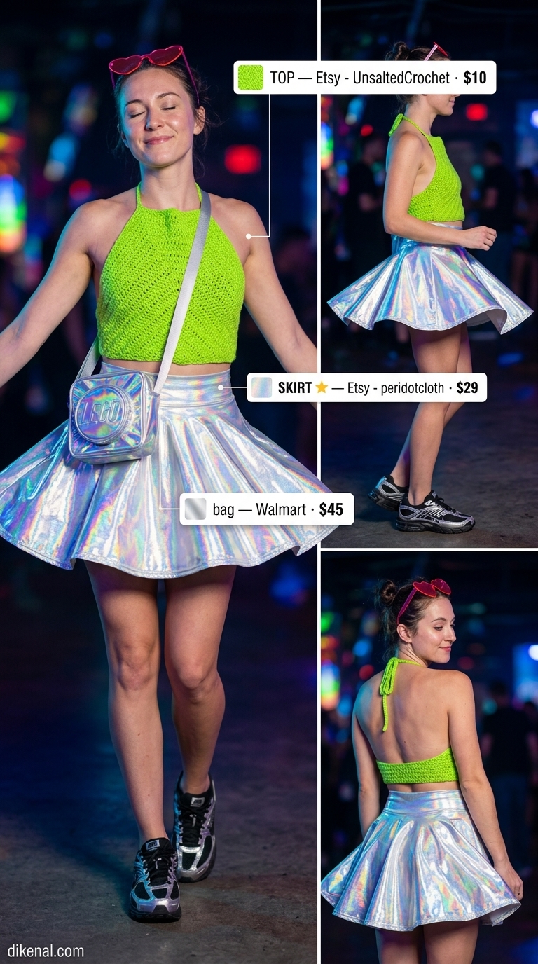 Y2K Mini Skirt Summer Outfits 2026: Rave Ready Y2K mini skirt summer outfits 2026: Holographic mini skirt, neon green halter top, platform boots & fanny pack for a rave look.