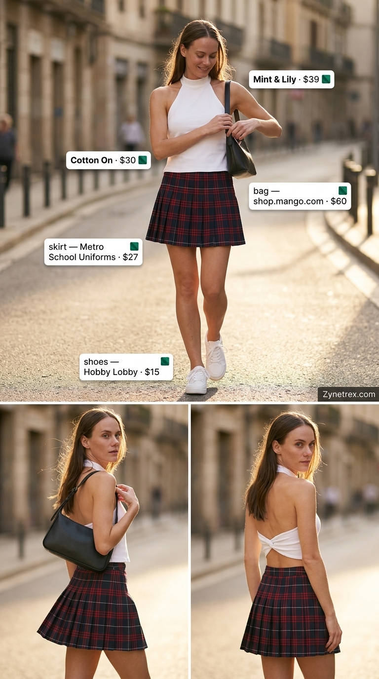Y2K Mini Skirt Summer Outfits 2026: Schoolgirl Chic Y2K mini skirt summer outfits 2026: Navy plaid pleated mini skirt, white sweater vest, sneakers & crossbody bag for a preppy schoolgirl look.