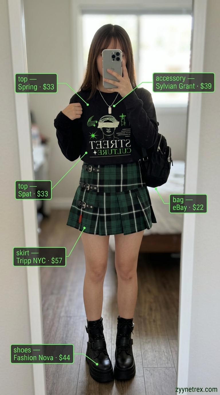 Y2K Mini Skirt Summer Outfits 2026: Skater Girl Style Y2K mini skirt summer outfits 2026: Green plaid skirt, graphic tee, and combat boots for a skater vibe.
