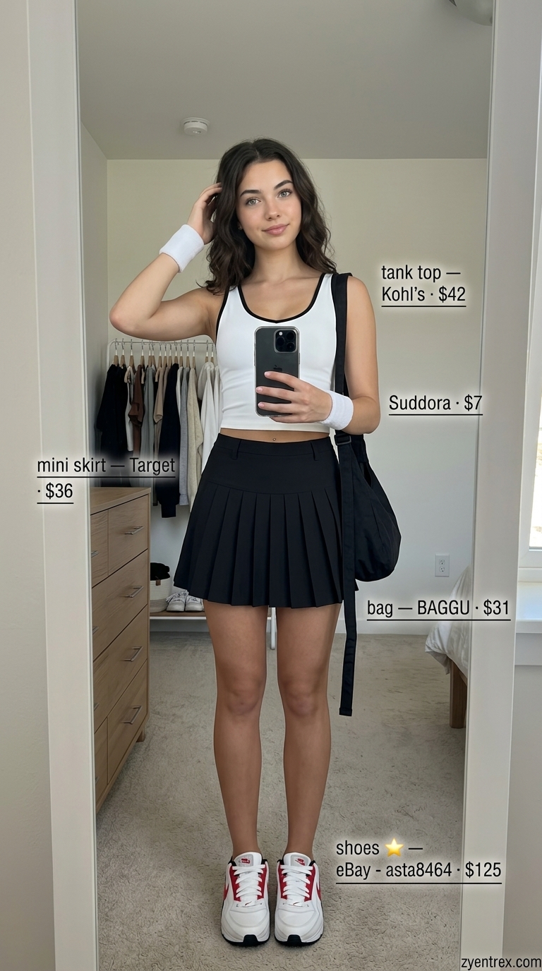 Y2K Mini Skirt Summer Outfits 2026: Sporty Spice Y2K mini skirt summer outfits 2026: Black mini skirt, athletic tank, retro sneakers & crossbody bag for a sporty casual look.