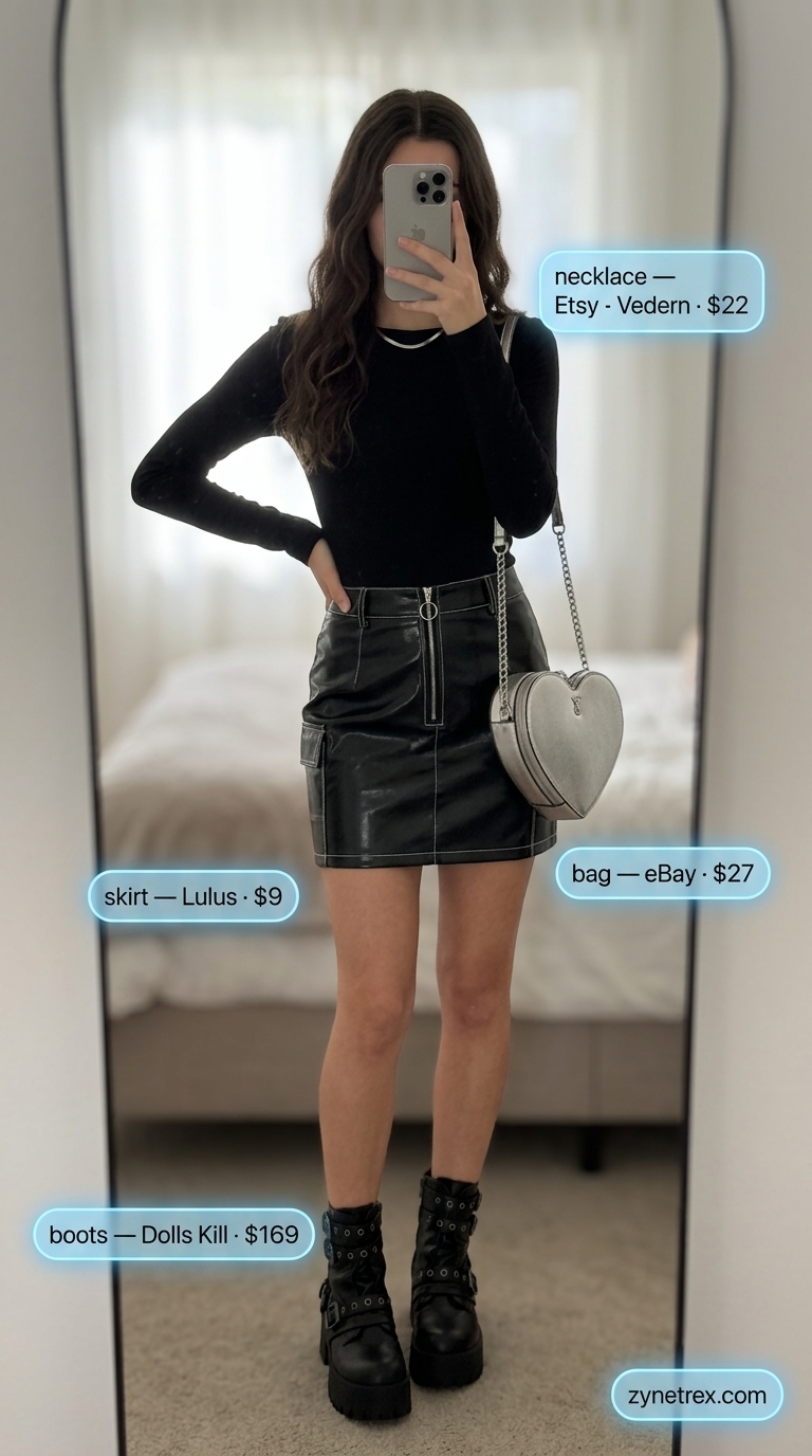 Y2K Mini Skirt Summer Outfits 2026: Cyberpunk Edge Y2K mini skirt summer outfits 2026: Black vinyl mini skirt, sheer mesh top, combat boots, and silver chain choker for an edgy look.